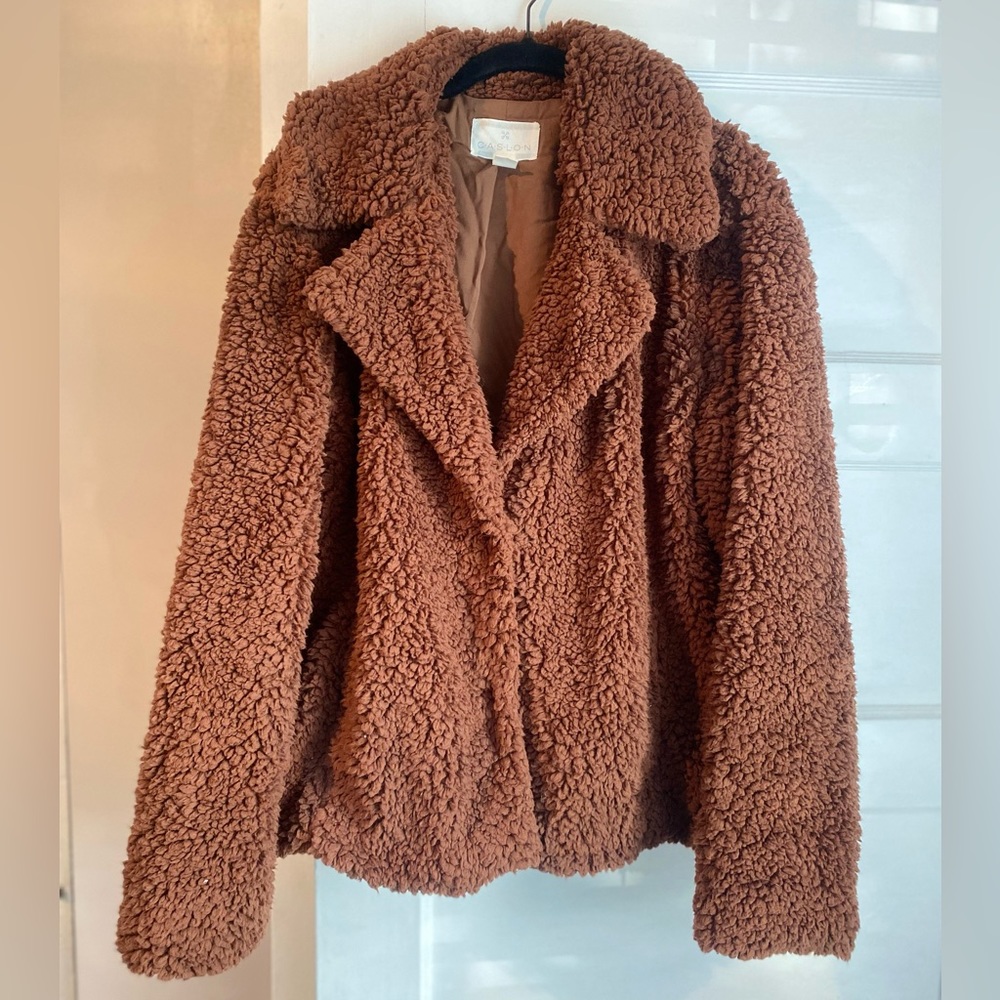 Caslon Womens LARGE Teddy Jacket Sherpa Faux Shearling Fleece Pockets Lined NEW